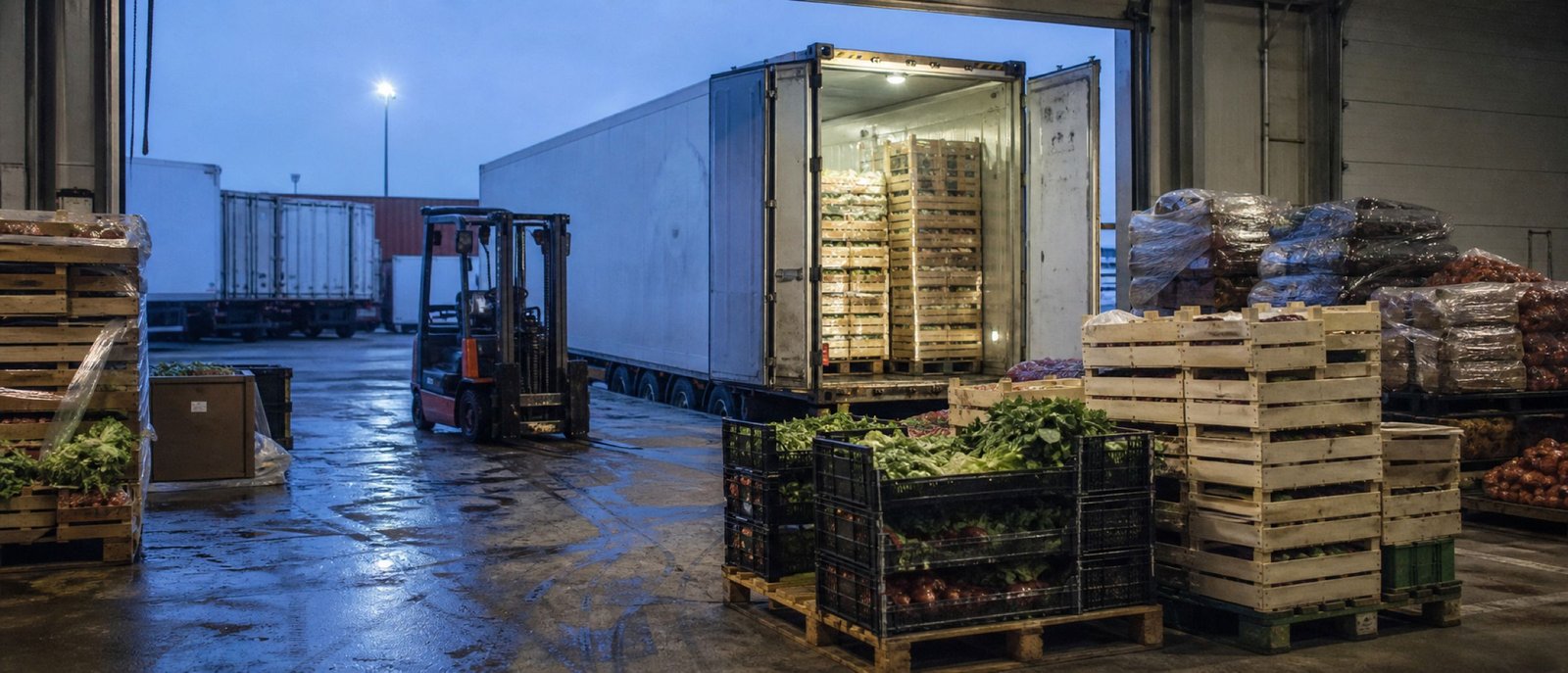 Umschlag von Frischware an einem Hafenterminal: gestapelte Kisten vor einem geöffneten Kühlcontainer.