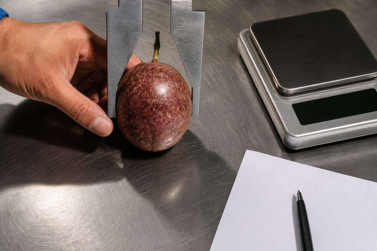Qualitätsprüfung: Messschieber und Waage an Frischware, Prüfprotokoll daneben.