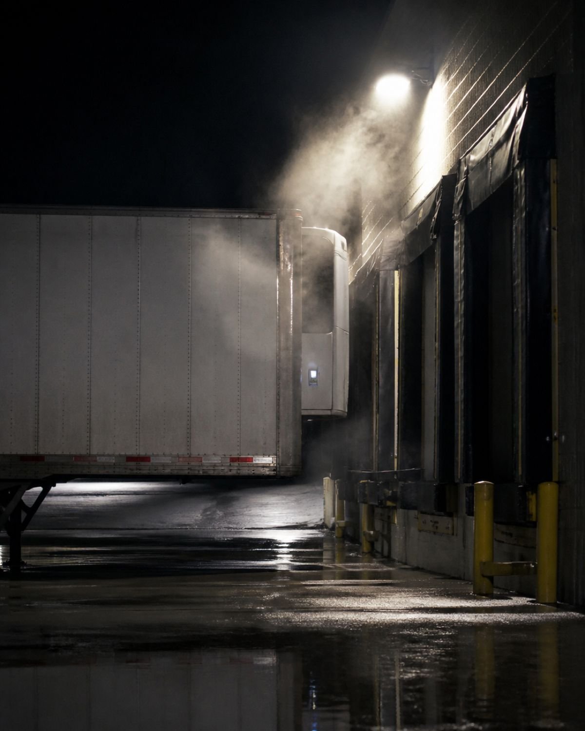 Reefer-Auflieger an der Verladerampe bei Nacht, Temperaturanzeige beleuchtet.