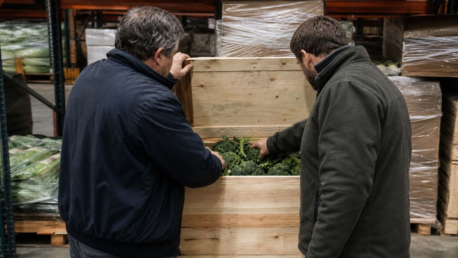 Zwei Mitarbeitende der KJ² Food GmbH prüfen eine geöffnete Kiste Frischware im Lager.